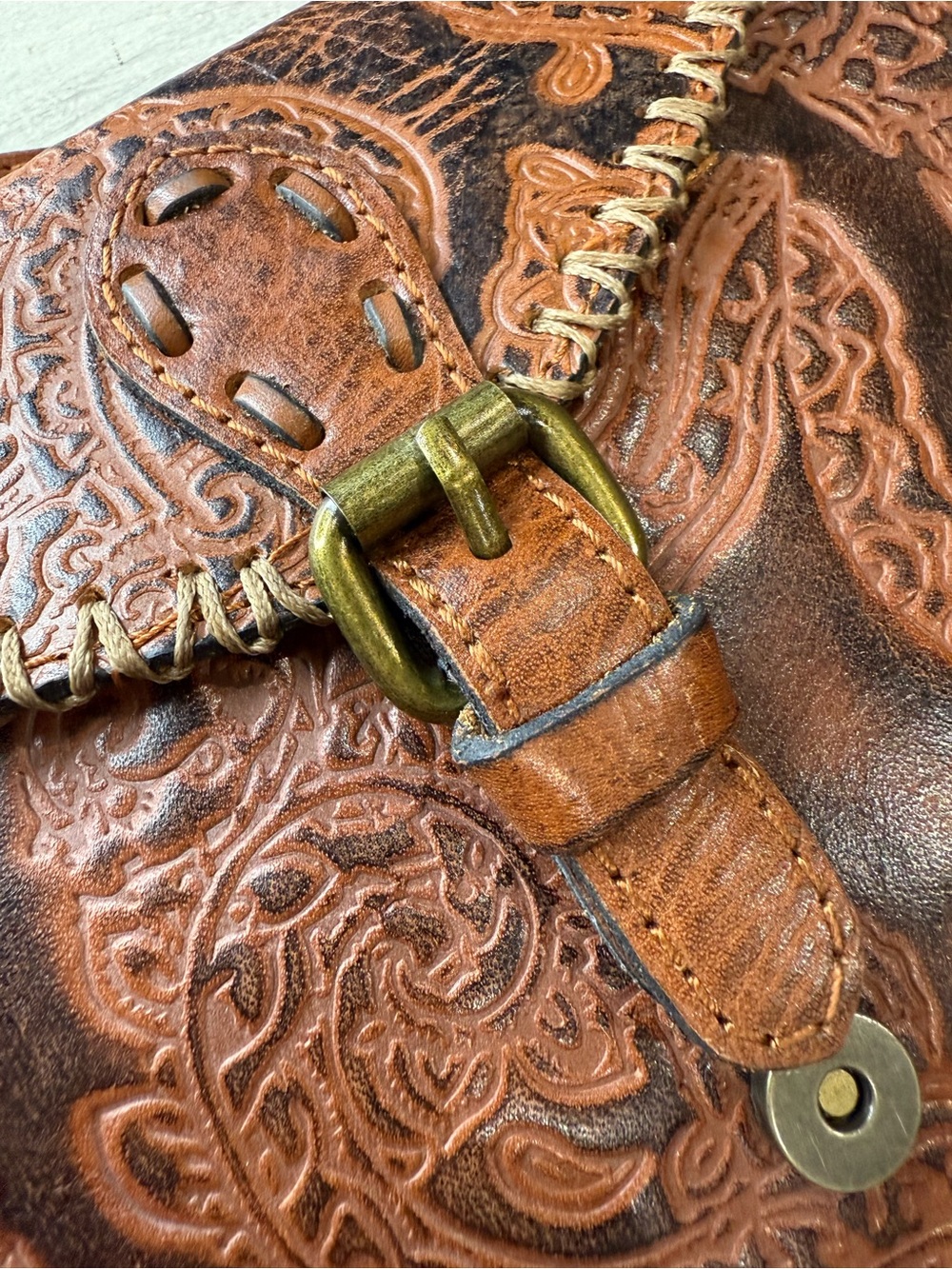 Patricia Nash Chestnut Tooled Leather Crossbody with Tassel - Picture 10 of 13